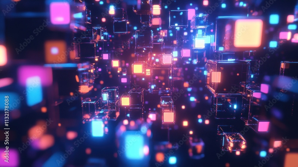 Aufkleber Glowing Neon Cubes Float In Digital Space