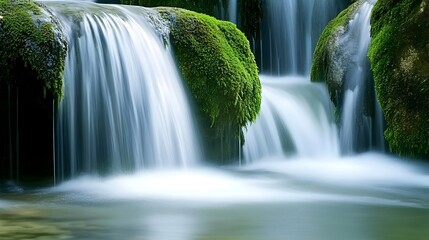 Cascading Waterfall Surrounded by Lush Greenery in Serene Forest Scene