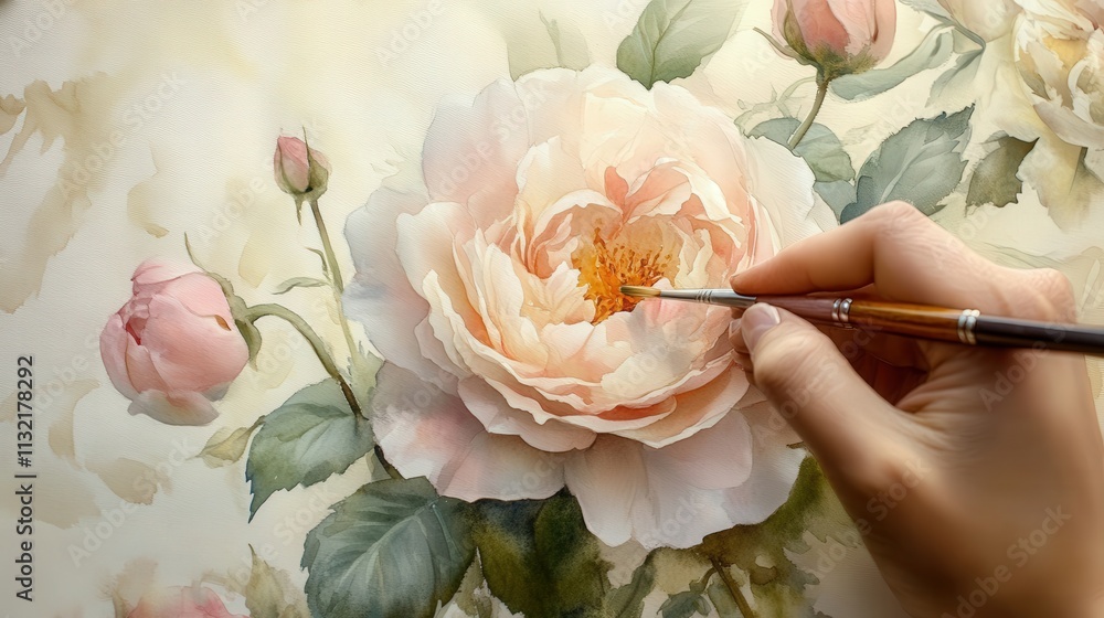Poster a painter uses delicate strokes to capture the texture of a flower, layering soft hues of watercolor
