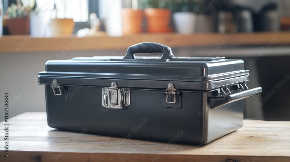 Poster a professional-grade toolbox with heavy-duty steel construction, featuring a lock for security. it h