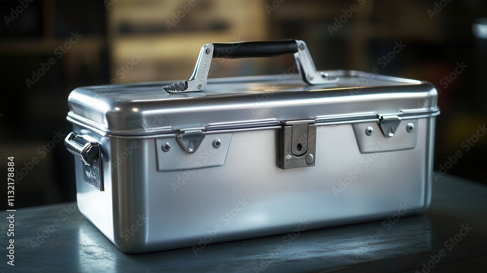 Poster a professional-grade toolbox with heavy-duty steel construction, featuring a lock for security. it h
