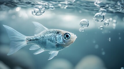Fototapeta premium Underwater Fish Swimming in Clear Blue Water with Bubbles