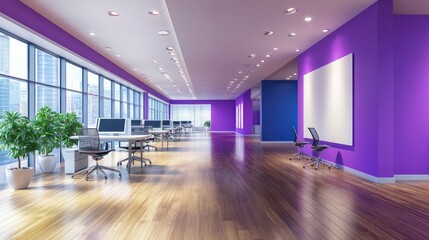 Modern Purple Office Workspace With City View