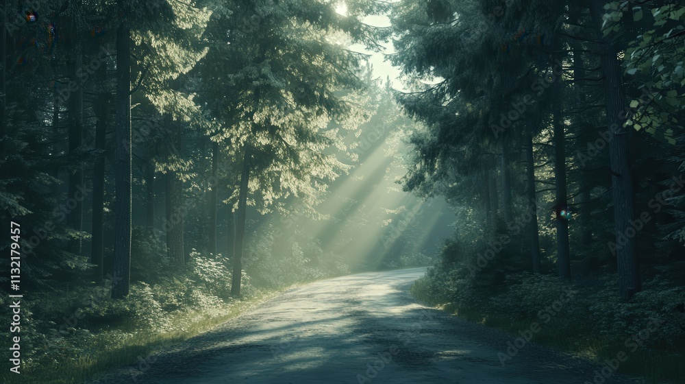 Poster a quiet forest road flanked by tall pines, stretching endlessly ahead, while soft sunlight filters t