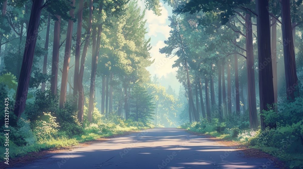 Poster a quiet forest road flanked by tall pines, stretching endlessly ahead, while soft sunlight filters t