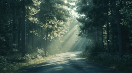 Fototapeta premium A quiet forest road flanked by tall pines, stretching endlessly ahead, while soft sunlight filters through branches, creating a calming scene