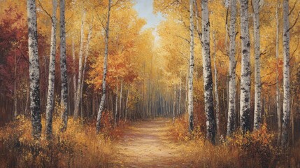 Obraz premium A quiet path leads through tall autumn trees, their colorful leaves creating a golden canopy overhead and covering the forest floor