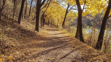 Fototapeta premium A quiet path lined with golden autumn trees, their leaves falling gently to the ground, creating a soft, colorful carpet on the trail