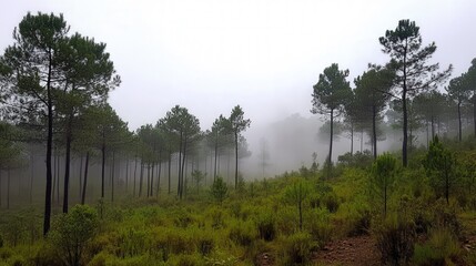 A quiet pine forest soaked by gentle rain, mist drifting among the trees, with the scent of wet pine and earth filling the cool, refreshing air