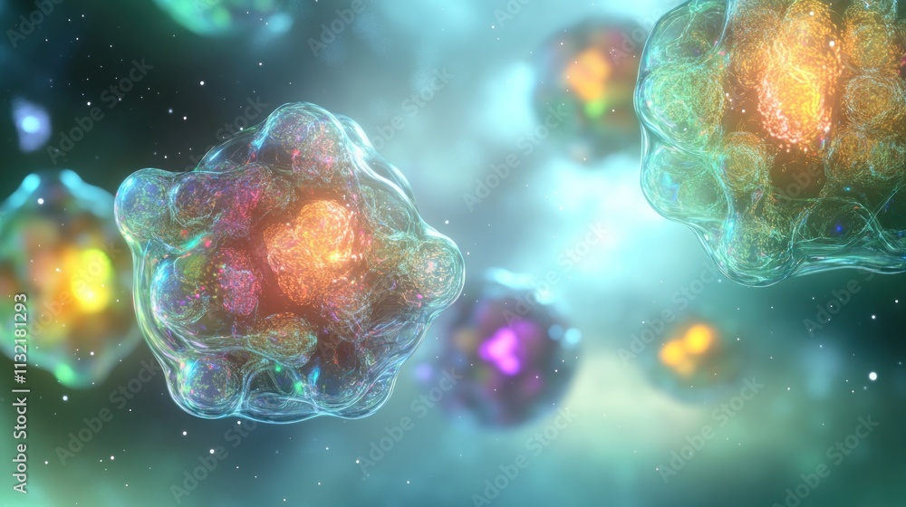 Poster microscopic view of colorful cells in a fluid