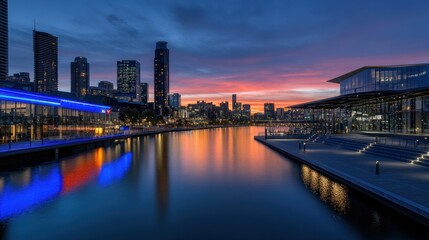 Fototapeta premium Cityscape reflecting in calm water during a vibrant sunset