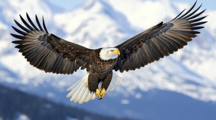 Obraz premium Majestic Bald Eagle Soaring Through Winter Sky