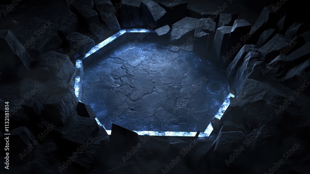 Poster glowing octagon embedded within dark cracked rocks