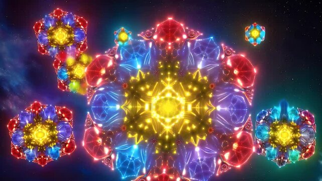 A kaleidoscopic in symmetrical glowing fractals, radiating warm and cool hues on a deep cosmic backdrop.