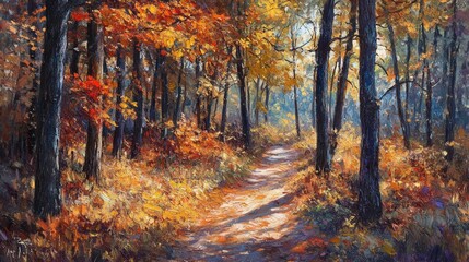 Fototapeta premium A quiet trail through autumn trees, with fallen leaves in vibrant hues covering the ground and sunlight filtering through the branches