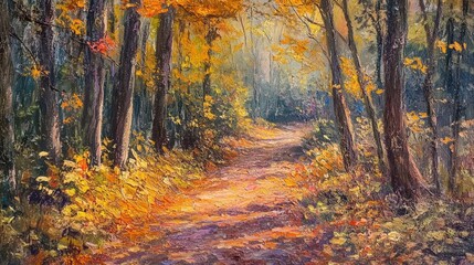Obraz premium A quiet trail through autumn trees, with fallen leaves in vibrant hues covering the ground and sunlight filtering through the branches