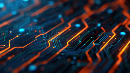 Abstract Digital Circuit Board with Blue and Orange Lights for Technology, Data Processing, and Innovation Themes