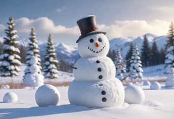 Obraz premium Snowman made from snowballs stacked on top of each other in a field with rolling hills and snow-covered trees, snowballs, winter landscape