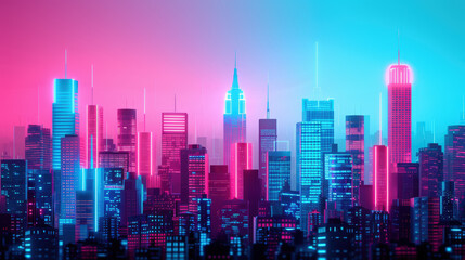 Neon Skyline at Dusk with Vibrant Colors Highlighting Skyscrapers and Urban Landscape