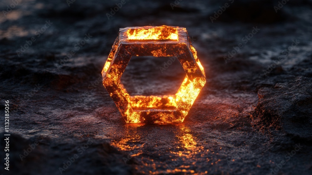 Poster glowing hexagonal structure on dark volcanic rock