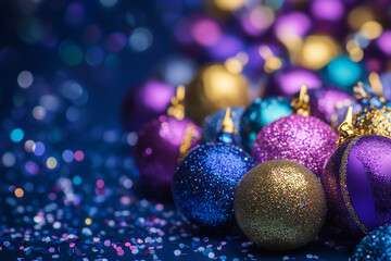 Mardi Gras colourful background with pink, purple, blue and gold strings of beads and bokeh lights