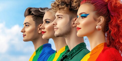 Fototapeta premium LGBT pride community allyship concept. Four diverse individuals in vibrant outfits stand side by side against a bright sky.