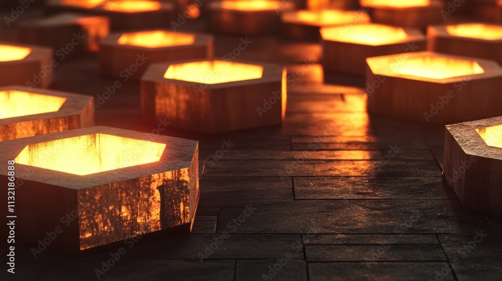 Poster Illuminated Hexagonal Structures on Dark Stone Floor