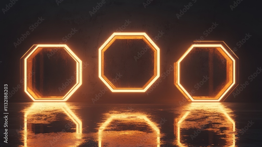 Poster Illuminated Octagonal Frames Against Dark Background