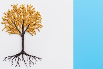 Obraz premium Autumn Tree Craft Gold Brown Yarn Nature Art Handmade White Blue Background