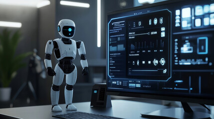 Naklejka premium Abstract smartphone with artificial intelligence system on computer and speech bar on dark blue background. Low poly wireframe style technology background.