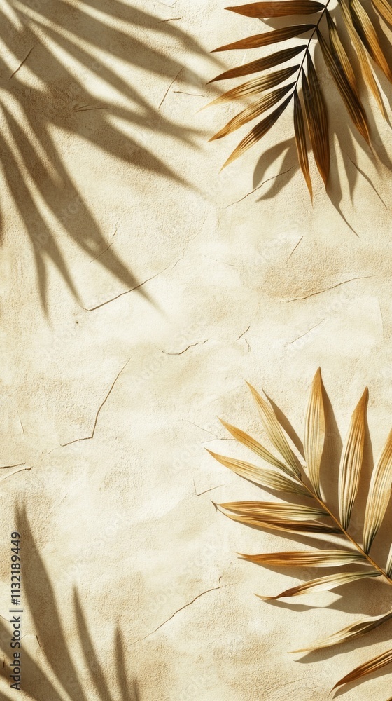 Poster soft shadows of palm leaves dance on a textured surface, casting intricate patterns while evoking a 