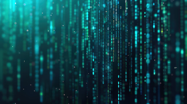 Abstract digital background with glowing binary code streaming down in bright teal and green hues