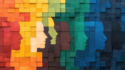 LGBT pride community allyship concept. Colorful mosaic depicting human profiles in vibrant shades, symbolizing diversity and unity.