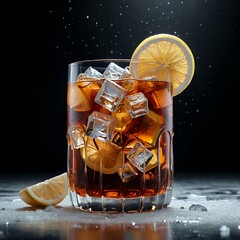 A refreshing drink served in a glass with ice and lemon slices.