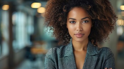 Obraz premium Confident businesswoman with arms crossed, in modern office.