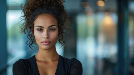 Obraz premium Confident businesswoman with curly hair, serious expression, looking directly at camera, indoors.
