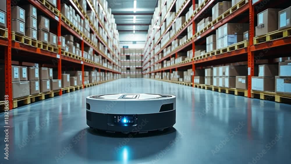 Poster automated efficiency: a futuristic warehouse robot traverses the aisles, showcasing automated effici