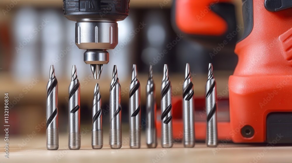 Poster drill bits displayed next to a cordless drill, showcasing the versatility of the tool. the different