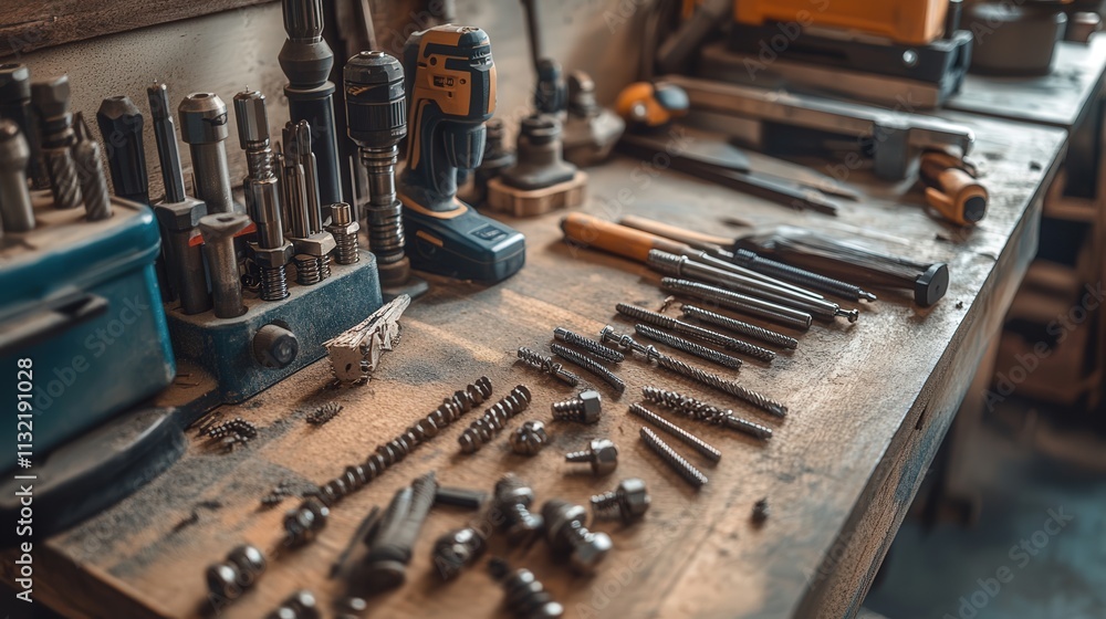 Poster drills and drill bits laid out on a workbench, organized by size and function. the image demonstrate