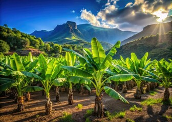 Obraz premium Scenic Banana Plantation in Tenerife Against a Clear Blue Sky - Tropical Landscapes, Agriculture, Nature, Exotic Plants, Canary Islands, Vibrant Greenery, Sunshine, Travel Destination, Beautiful Views
