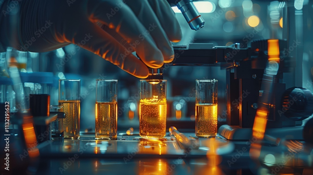 Aufkleber scientist in a lab coat and gloves working with a vial of liquid, analyzing samples in a modern labo