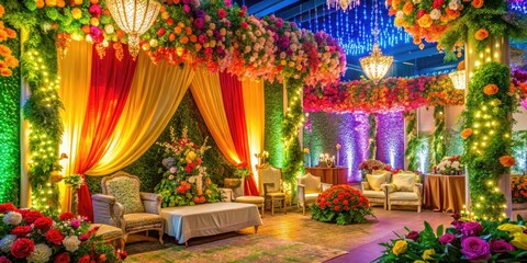 Obraz premium Scenic Celebration Area for Guest Portrait Photography, Festive Backdrops, Floral Arrangements, Event Decor, Outdoor Setting, Natural Light, Vibrant Colors, Joyful Atmosphere