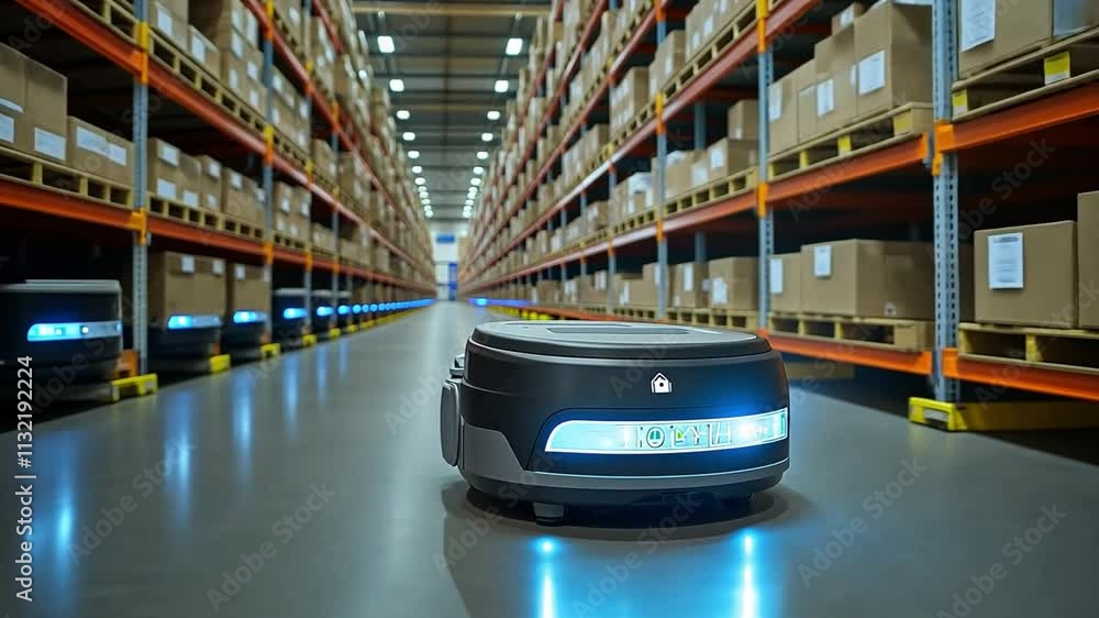 Poster automated warehouse efficiency: a sleek, futuristic autonomous robot navigates the aisles of a bustl