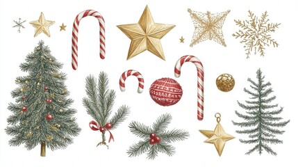 hand-drawn Christmas tree decorations, such as golden stars, candy canes, and shimmering tinsel. Each element is finely illustrated,