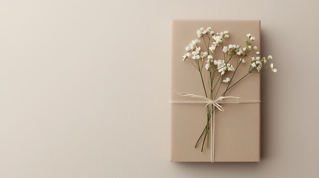 A simple, elegant gift wrapped in kraft paper, adorned with delicate white flowers and twine, set against a neutral background.