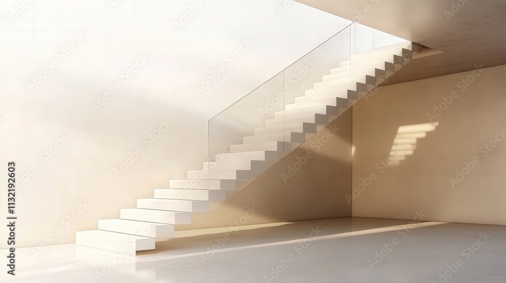 Poster a set of stairs in a minimalist home, featuring floating steps and glass railings. the design emphas