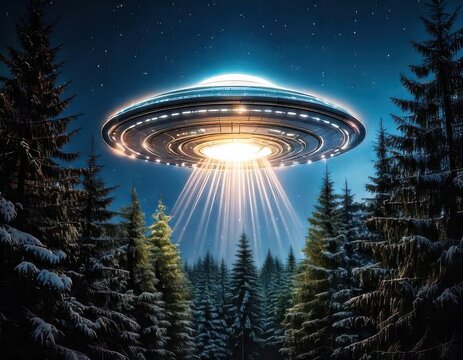 A glowing UFO emits bright beams of light while hovering above a snowy pine forest under a starry night sky.