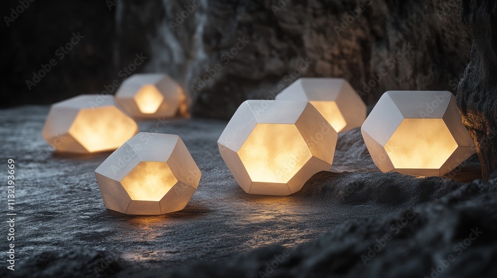 Poster illuminated geometric shapes resting on dark stone