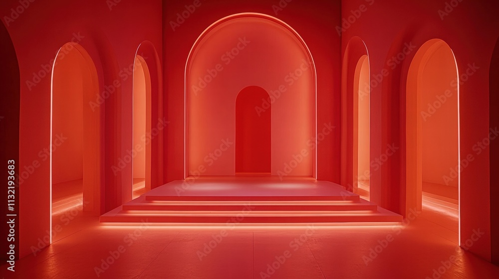 Poster minimalist red podium in an empty space with soft light and simple architectural elements for a mode
