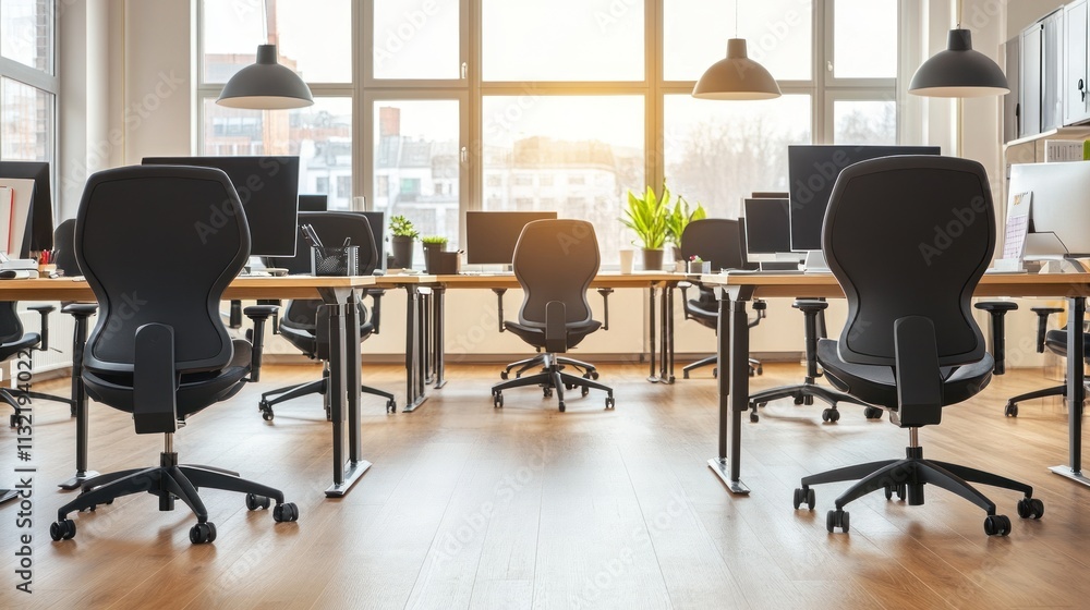 Poster modern office workspace with empty desks and chairs